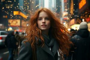 beautiful red haired woman in new york city generative ai photo