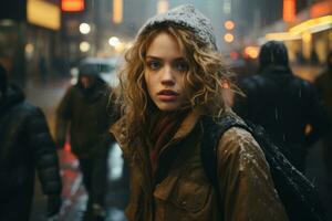portrait of a young woman walking in the rain on a city street at night generative ai photo