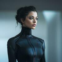 un hermosa mujer en un futurista traje generativo ai foto