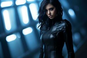 a beautiful woman in a black leather outfit photo