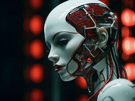 a close up of a female robot with red lights generative ai photo