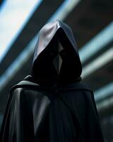 a person in a black cloak standing in front of a building generative ai photo