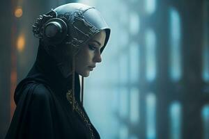 a woman in a black cloak with a helmet on her head generative ai photo