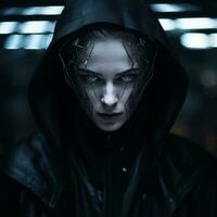 a woman in a black hooded jacket with wires on her face generative ai photo