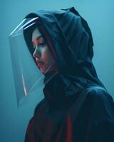 a woman in a black hooded jacket with red and blue lights generative ai photo