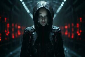 a woman in a black hooded jacket standing in the rain generative ai photo