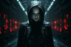 a woman in a black hooded jacket standing in the rain generative ai photo