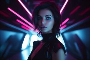 a woman in a black dress with neon lights in the background generative ai photo
