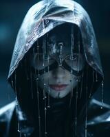 a woman in a black hoodie with dripping water on her face generative ai photo