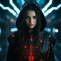 a woman in a black hoodie with glowing red lights generative ai photo