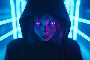 a woman in a black hoodie with glowing eyes generative ai photo