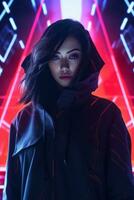 a woman in a black jacket and hoodie standing in front of neon lights generative ai photo