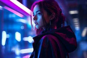 a woman in a black jacket standing in front of neon lights generative ai photo