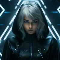 a woman in a black jacket with neon lights around her generative ai photo