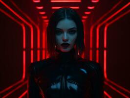 a woman in a black latex suit with red neon lights generative ai photo