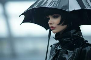 a woman in a black leather jacket is holding an umbrella generative ai photo