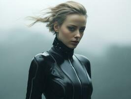 a woman in a black latex suit standing in the rain generative ai photo