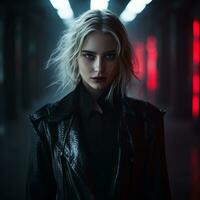 a woman in a black leather jacket standing in a dark hallway generative ai photo