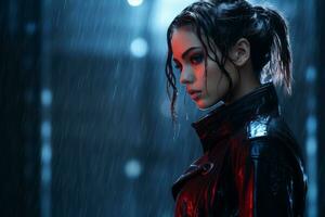 a woman in a black leather jacket standing in the rain generative ai photo