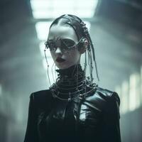 a woman in a black leather outfit with chains around her neck generative ai photo