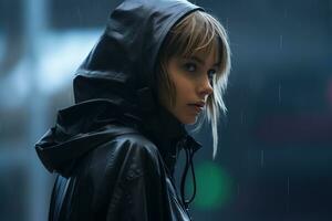 a woman in a black rain jacket standing in the rain generative ai photo
