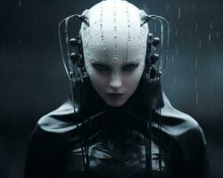 a woman in a black suit with a white helmet on her head in the rain generative ai photo