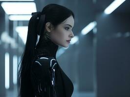 a woman in a futuristic outfit standing in an empty hallway generative ai photo