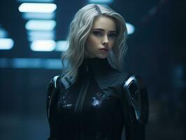 a woman in a futuristic outfit standing in a dark room generative ai photo