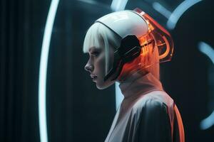 un mujer en un futurista casco con neón luces generativo ai foto