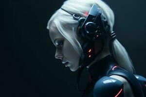 a woman in a futuristic outfit with headphones on generative ai photo