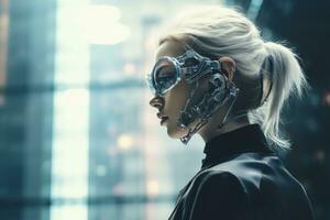 a woman in a futuristic suit and glasses looking away from the camera generative ai photo