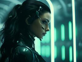 a woman in a futuristic suit standing in a futuristic tunnel generative ai photo