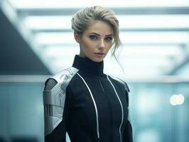 a woman in a futuristic suit standing in an office generative ai photo