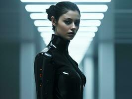 a woman in a futuristic suit standing in an empty hallway generative ai photo