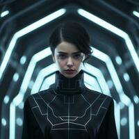 a woman in a futuristic suit standing in front of a tunnel photo