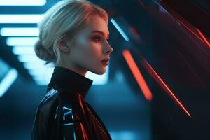 a woman in a futuristic suit stands in front of neon lights photo