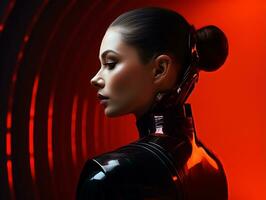 a woman in a futuristic suit with a red background generative ai photo