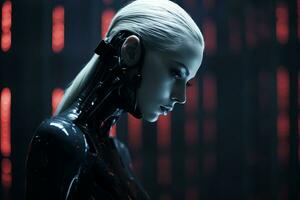 a woman in a futuristic suit stands in front of red lights generative ai photo