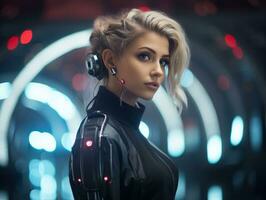 a woman in a futuristic suit with glowing lights around her generative ai photo
