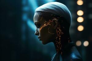 a woman in a futuristic suit with lightning coming out of her head generative ai photo