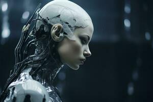 a woman in a futuristic suit with wires attached to her head photo