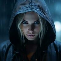 a woman in a hooded jacket in the rain generative ai photo