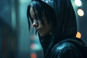 a woman in a hooded jacket standing in the rain photo