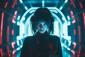 a woman in a futuristic tunnel with neon lights generative ai photo