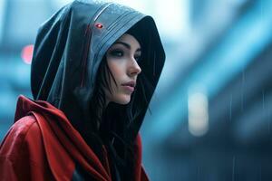 a woman in a hooded jacket standing in the rain photo
