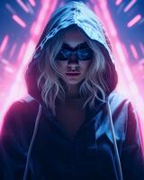a woman in a hoodie and sunglasses in front of neon lights generative ai photo