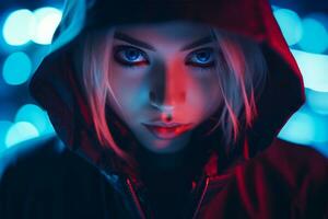 a woman in a hoodie with blue eyes photo