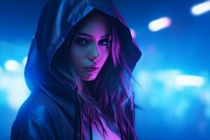 a woman in a hoodie standing in front of neon lights photo