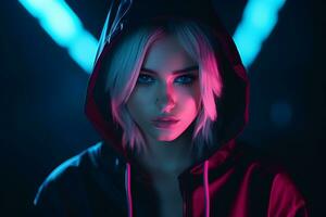 a woman in a hoodie with neon lights photo
