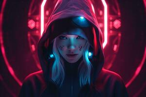 a woman in a hoodie with neon lights on her face generative ai photo